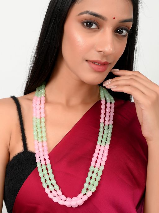 Silvermerc Designs Unisex Gold Toned Pink Green Long Layered Necklace