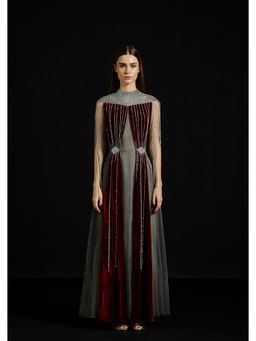 AKHL - Velvet And Sequins Fringe Red Maxi Dress