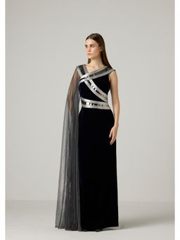 AKHL - Metallic Tape Velvet Navy Blue Maxi Dress