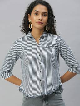 SHOWOFFFF - Women Regular Fit Regular Sleeves Navy Blue Vertical Stripes Shirt