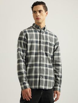 GANT - Men Grey Checked Buttoned Down Collar Full Sleeves Shirt
