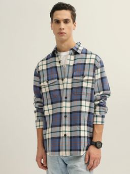 GANT - Men Blue Checked Spread Collar Full Sleeves Shirt