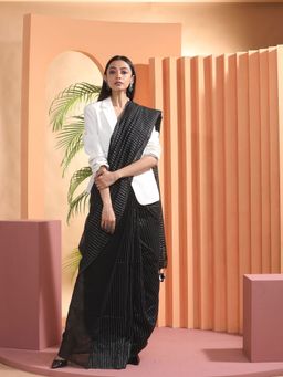 Beatitude - Black Cotton Woven Saree with Unstitched Blouse