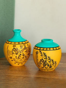 ExclusiveLane - Yelow Warli Tales Hand-Painted Terracotta Vases (Pack Of 2)