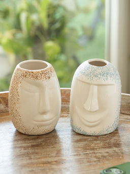 ExclusiveLane - Off White Sculpted Harmony Decorative Ceramic Vases (Pack Of 2)