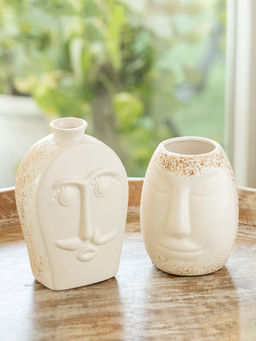 ExclusiveLane - Off White Head To Head Decorative Ceramic Vases (Pack Of 2)