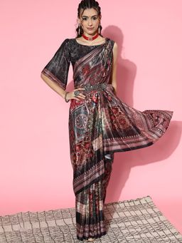 Akhilam - Women's Crepe Multicolored Digital Print Celebrity Saree with Unstitched Blouse