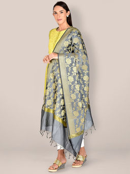Dupatta Bazaar - Women's Grey and Gold Banarasi Silk Dupatta