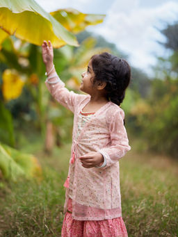 Aurelia - Girls Pink Gilet with Off-White Printed Kurta and Sharara (Set of 3)