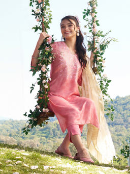 Aurelia - Women Pink Geometric Mirror Work Viscose Kurta with Pant and Dupatta (Set of 3)