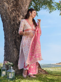 Aurelia - Women Off White Floral Embroidered Cotton Kurta with Palazzo and Dupatta (Set of 3)