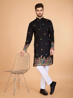 Odette - Black Viscose Silk Stitched Kurta for Men