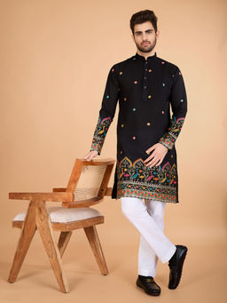 Odette - Black Viscose Silk Stitched Kurta for Men