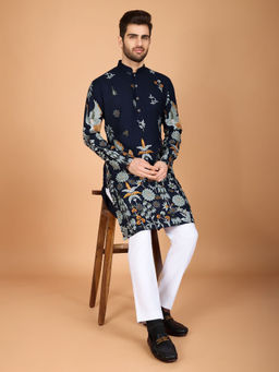 Odette - Navy Blue Viscose Rayon Stitched Kurta for Men