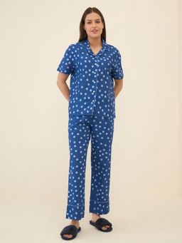 Sweet Dreams - Women Blue Printed Front Open Pyjama (Set of 2)