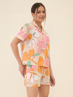 Sweet Dreams - Women Orange Floral Printed Front-Open Shorts (Set of 2)