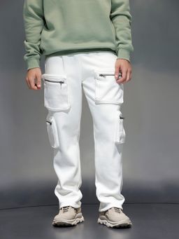 WROGN - Men Off White Straight Fit 3D Pocket Cargo Trackpant