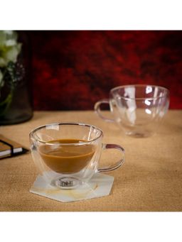 EZ Life - Borosilicate Double Walled Serene Glass Cup with Handle - Transparent- 120 ml - Pack of 4
