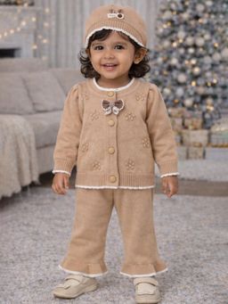 Little Surprise Box - Beige 3D Flower Cardigan with Flare Pants With Cap