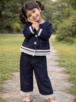 Little Surprise Box - Denim Embroidered Jacket with Wide Leg Pants Co-Ord Sets