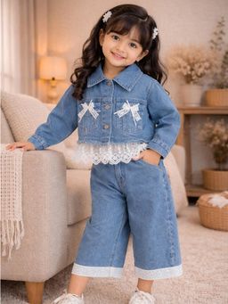 Little Surprise Box - Frills and Bows Denim Jacket with Pants Co-Ord Set for Girls