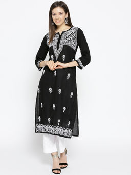 ADA - Hand Embroidered Black Cotton Lucknow Chikankari Kurta And Pant A100016 (Set of 2)