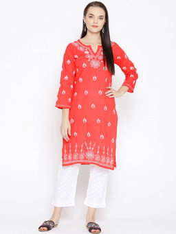 ADA - Hand Embroidered Coral Red Cotton Lucknow Chikankari Kurta And Pant (Set of 2) (XS) A100018