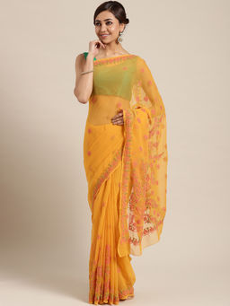 ADA - Mustard Embroidered Saree With Unstitched Blouse (A100063)
