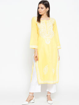 ADA - Hand Embroidered YELLOW Cotton Lucknow Chikankari Kurta And Pant A100016 (Set of 2)