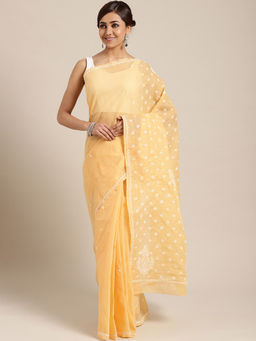 ADA - Yellow Lucknowi Chikankari Fawn Cotton Saree With Blouse Piece (A100133)