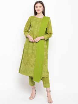 ADA - Festive Green Lucknowi Chikankari Dress Material- A100194 (A100194)