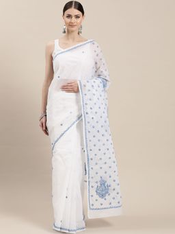 ADA - White Cotton Lucknow Chikan Saree With Blouse Piece (A100204)