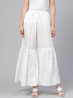 ADA - White Hand Embroidered Cotton Sharara- A100206 (XS) (A100206)