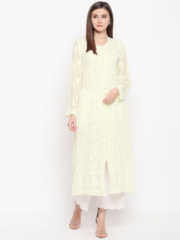 ADA - Ivory Hand Embroider Faux Georgette Lucknowi Chikan Kurta (XS) (A100240)