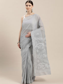 ADA - Grey Embroidered Saree With Unstitched Blouse (A100313)
