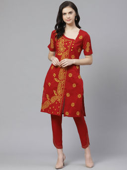 ADA - Embroidered Maroon Lucknow Chikan Kurta With Pant (Set of 2) (XS) (A100331)