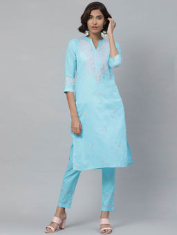 ADA - Embroidered Yellow Georgette Lucknow Chikan-A811115 Kurta and Pant (Set of 2)(2XL)