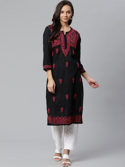ADA - Hand Embroidered Black and White Chikankari Kurta and Palazzo (Set of 2) (XS) (A100391)