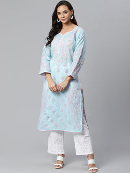 ADA - Ethnic Blue and White Chikankari Kurta and Palazzo (Set of 2) (XS) (A100394)