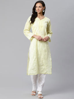 ADA - Lucknowi Lemon and White Chikan Kurta With Palazzo (XS) (A100396)