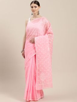 ADA - Pink Cotton Lucknow Chikan Saree With Blouse Piece (A100400)
