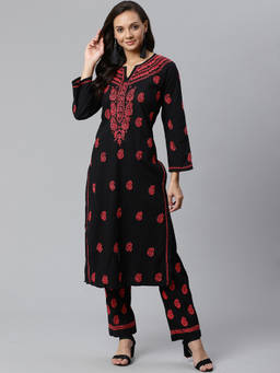 ADA - Hand Embroidered Black Chikankari Kurta and Palazzo (Set of 2) (XS) (A100405)
