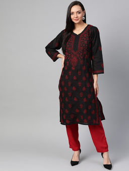 ADA - Embroidered Black Cotton Lucknow Chikankari Kurta (XS) (A100407)