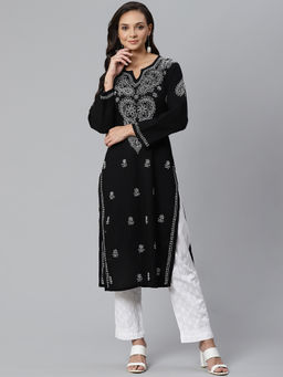 ADA - Hand Embroidered Black and White Chikankari Kurta and Palazzo (Set of 2) (XS) (A100411)