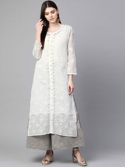 ADA - Embroidered White Kota Lucknow Chikan Kurta With Slip (Set of 2) (XS) (A100415)
