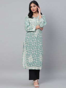 ADA - Blue Embroidered Cotton Lucknow Chikan Kurta (XS) (A100434)