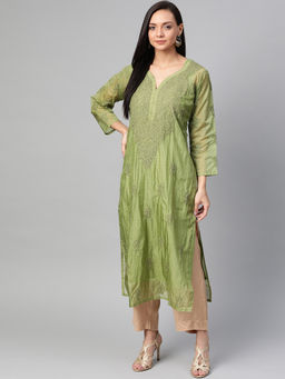ADA - Embroidered Green Kota Lucknow Chikankari Kurta With Slip (Set of 2) (XS) (A100485)