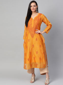 ADA - Embroidered Mustard Kota Lucknow Chikankari Kurta With Slip (Set of 2) (XS) (A100486)