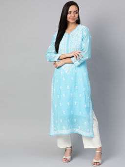 ADA - Embroidered Blue Kota Lucknow Chikankari Kurta With Slip (Set of 2) (XS) (A100534)