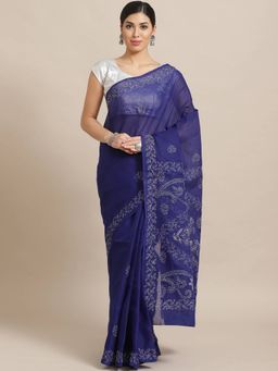 ADA - Embroidered Navy Blue Cotton Lucknow Chikan Saree With Unstitched Blouse (A100542)